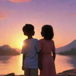 An animated image of a girl named Anu and a boy named Raj, standing shoulder to shoulder, captivated by the breathtaking beauty of sunrise.