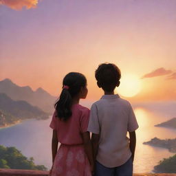 An animated image of a girl named Anu and a boy named Raj, standing shoulder to shoulder, captivated by the breathtaking beauty of sunrise.