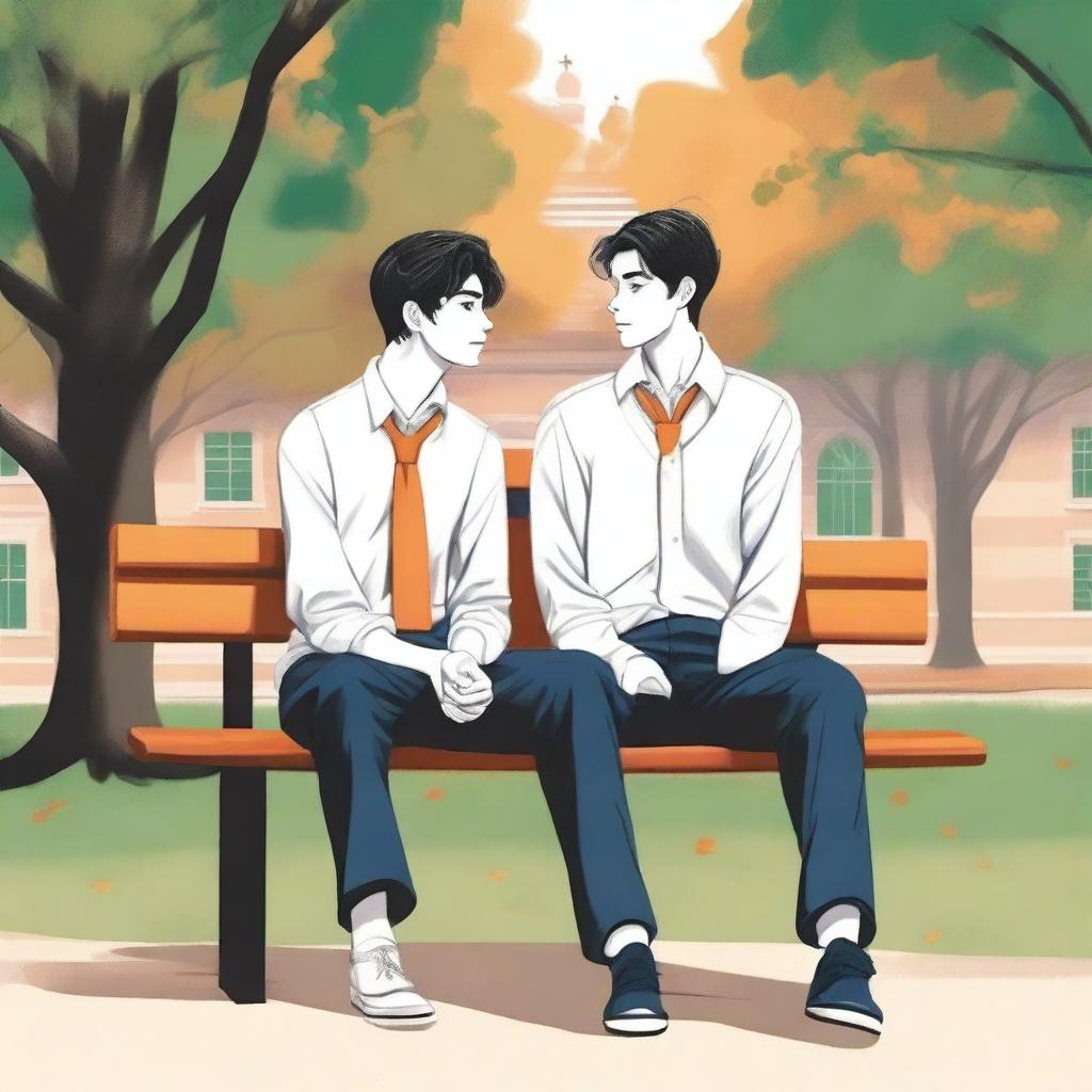 The illustration is a high-quality piece that portrays two white young men with dark hair, the protagonist and 'A,' seated closely on a bench within a vibrant campus setting