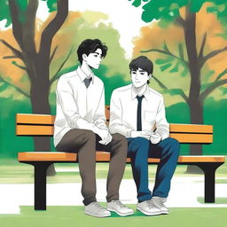 The illustration is a high-quality piece that portrays two white young men with dark hair, the protagonist and 'A,' seated closely on a bench within a vibrant campus setting