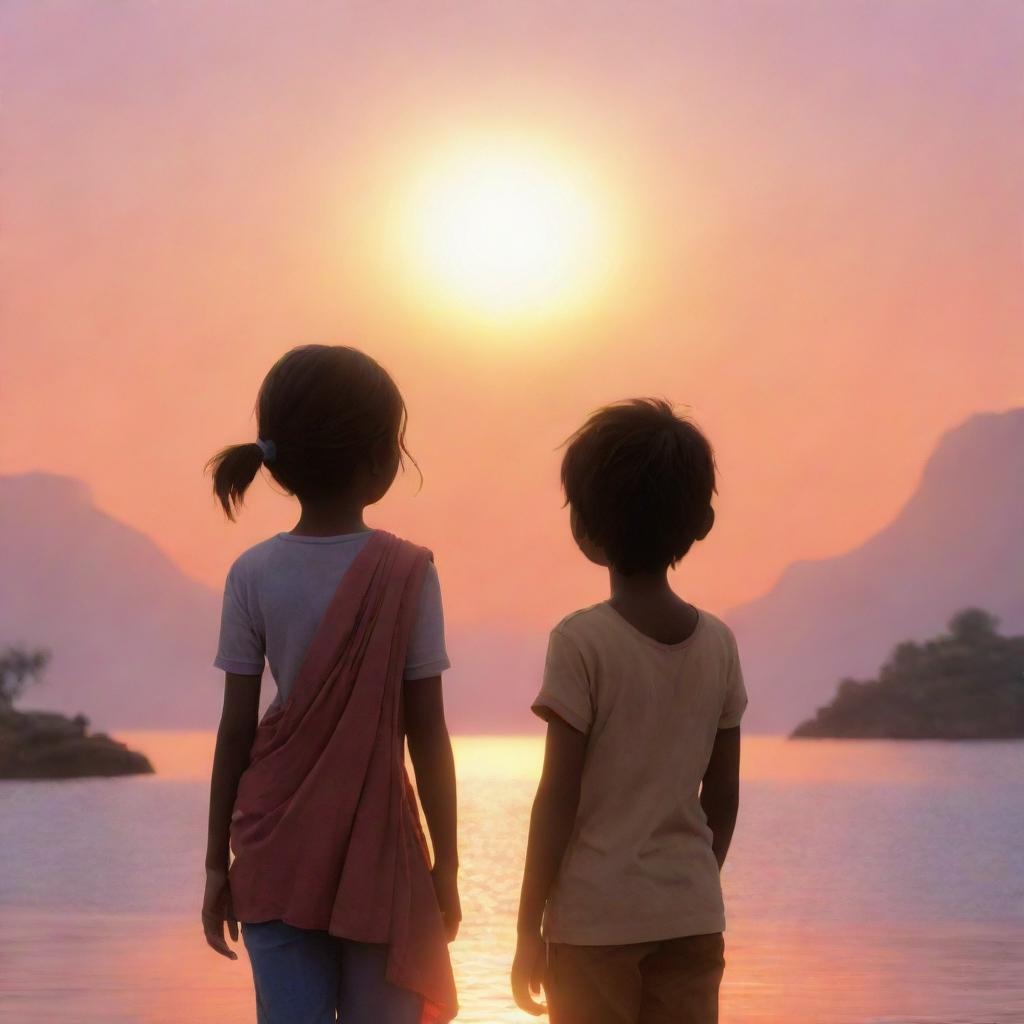 An animated image of a girl named Anu and a boy named Raj, standing shoulder to shoulder, captivated by the breathtaking beauty of sunrise.