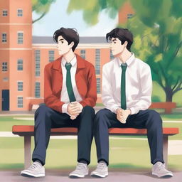 The illustration is a high-quality piece that portrays two white young men with dark hair, the protagonist and 'A,' seated closely on a bench within a vibrant campus setting