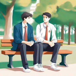 The illustration is a high-quality piece that portrays two white young men with dark hair, the protagonist and 'A,' seated closely on a bench within a vibrant campus setting