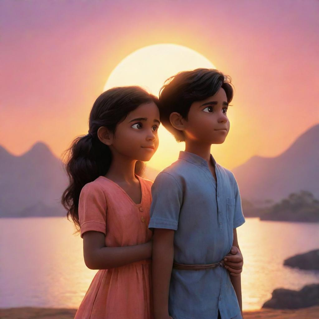 An animated image of a girl named Anu and a boy named Raj, standing shoulder to shoulder, captivated by the breathtaking beauty of sunrise.