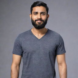 Generate an 8K hyper-realistic full body image of a 28-year-old Indian man with a round face, wheatish complexion, standing 5 feet 2 inches tall, waist of 34 inches, with a trimmed clean-shaven beard, weighs 68 kgs, and has black side-parted hair.