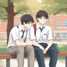 This is a high-quality illustration that vividly portrays two young men with dark hair, the protagonist and his friend 'A,' seated closely on a bench within a bustling campus environment