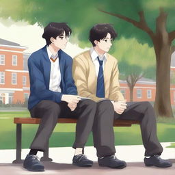 This is a high-quality illustration that vividly portrays two young men with dark hair, the protagonist and his friend 'A,' seated closely on a bench within a bustling campus environment