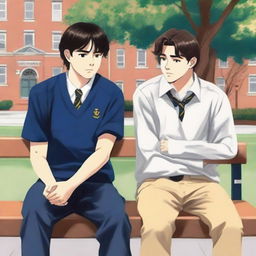 This is a high-quality illustration that vividly portrays two young men with dark hair, the protagonist and his friend 'A,' seated closely on a bench within a bustling campus environment
