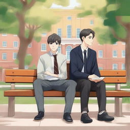 This is a high-quality illustration that vividly portrays two young men with dark hair, the protagonist and his friend 'A,' seated closely on a bench within a bustling campus environment