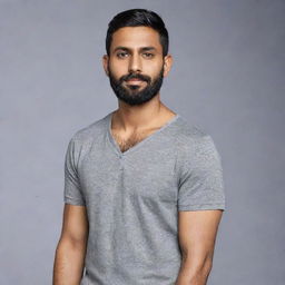 Generate an 8K hyper-realistic full body image of a 28-year-old Indian man with a round face, wheatish complexion, standing 5 feet 2 inches tall, waist of 34 inches, with a trimmed clean-shaven beard, weighs 68 kgs, and has black side-parted hair.