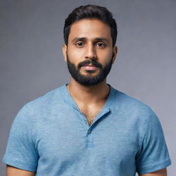 Generate an 8K hyper-realistic full body image of a 28-year-old Indian man with a round face, wheatish complexion, standing 5 feet 2 inches tall, waist of 34 inches, with a trimmed clean-shaven beard, weighs 68 kgs, and has black side-parted hair.