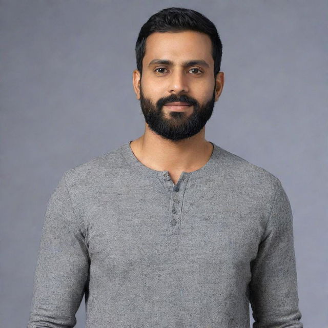 Generate an 8K hyper-realistic full body image of a 28-year-old Indian man with a round face, wheatish complexion, standing 5 feet 2 inches tall, waist of 34 inches, with a trimmed clean-shaven beard, weighs 68 kgs, and has black side-parted hair.