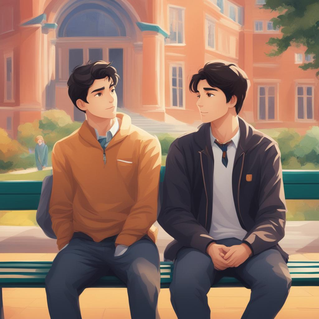This is a high-quality illustration that vividly portrays two young men with dark hair, the protagonist and his friend 'A,' seated closely on a bench within a vibrant campus environment