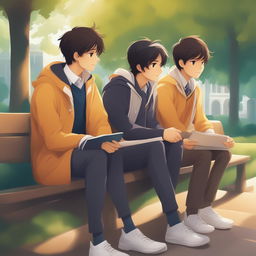 This is a high-quality illustration that vividly portrays two young men with dark hair, the protagonist and his friend 'A,' seated closely on a bench within a vibrant campus environment