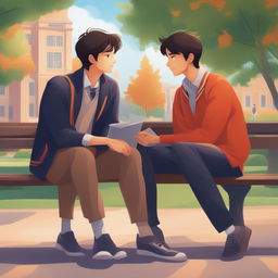 This is a high-quality illustration that vividly portrays two young men with dark hair, the protagonist and his friend 'A,' seated closely on a bench within a vibrant campus environment