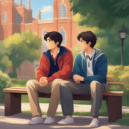 This is a high-quality illustration that vividly portrays two young men with dark hair, the protagonist and his friend 'A,' seated closely on a bench within a vibrant campus environment