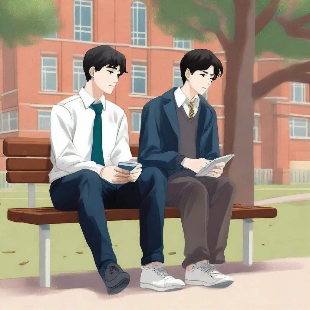 This is a high-quality illustration that vividly portrays two young men with dark hair, the protagonist and his friend 'A,' seated closely on a bench within a bustling campus environment