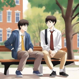 This is a high-quality illustration that vividly portrays two young men with dark hair, the protagonist and his friend 'A,' seated closely on a bench within a bustling campus environment