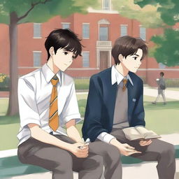 This is a high-quality illustration that vividly portrays two young men with dark hair, the protagonist and his friend 'A,' seated closely on a bench within a bustling campus environment