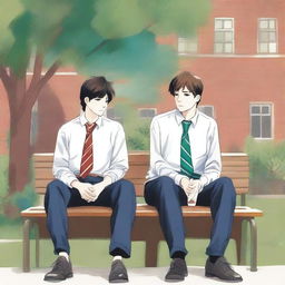 This is a high-quality illustration that vividly portrays two young men with dark hair, the protagonist and his friend 'A,' seated closely on a bench within a bustling campus environment
