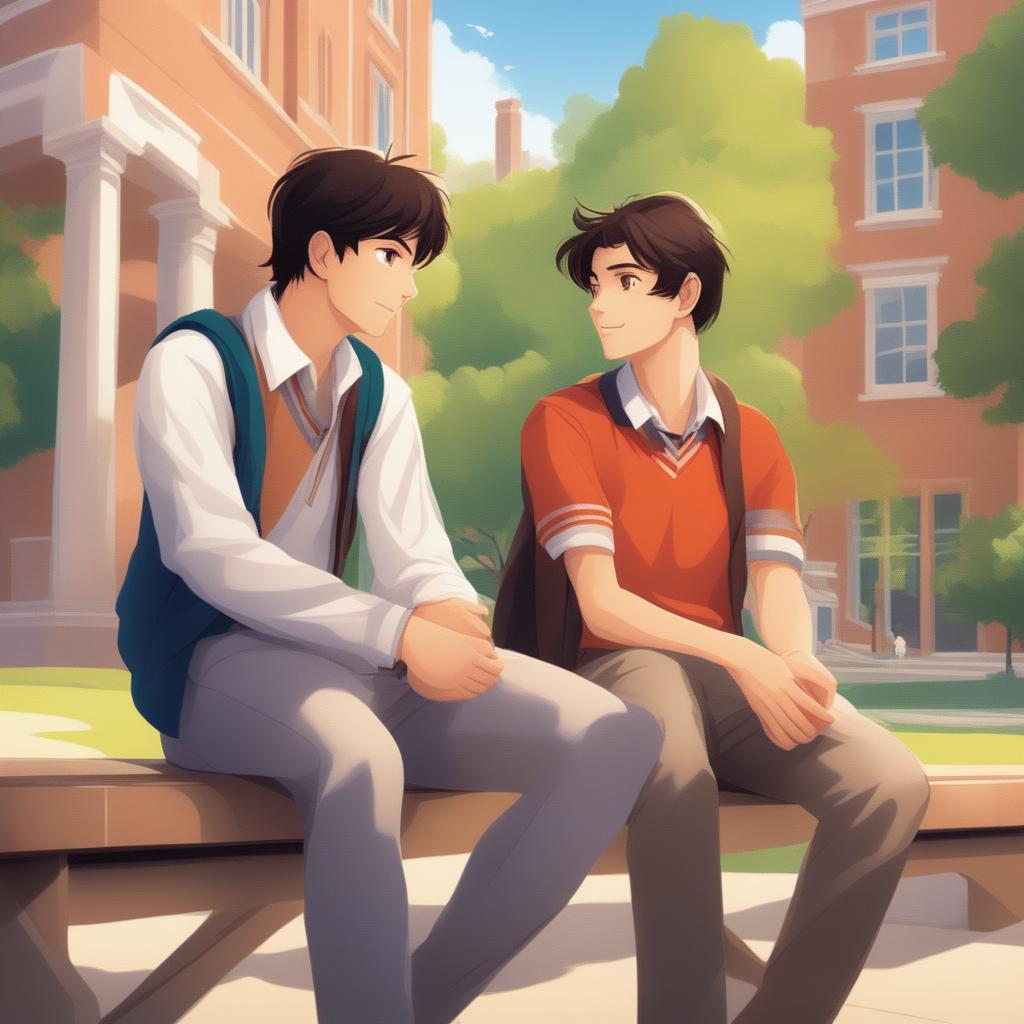 This high-quality illustration vividly portrays two white young men with dark hair, namely the protagonist and 'A,' seated closely on a bench within a vibrant campus setting