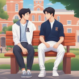 This high-quality illustration vividly portrays two white young men with dark hair, namely the protagonist and 'A,' seated closely on a bench within a vibrant campus setting