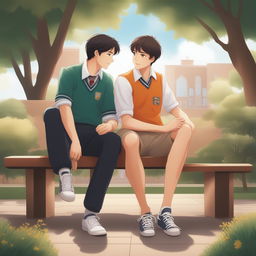 This high-quality illustration vividly portrays two white young men with dark hair, namely the protagonist and 'A,' seated closely on a bench within a vibrant campus setting