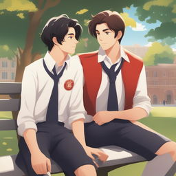 This high-quality illustration vividly portrays two white young men with dark hair, namely the protagonist and 'A,' seated closely on a bench within a vibrant campus setting