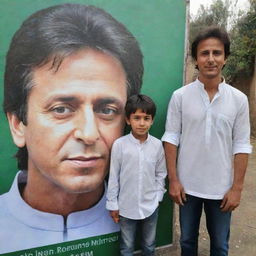 A boy named Asim standing next to a life-size poster of Imran Khan.