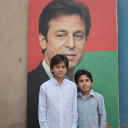 A boy named Asim standing next to a life-size poster of Imran Khan.