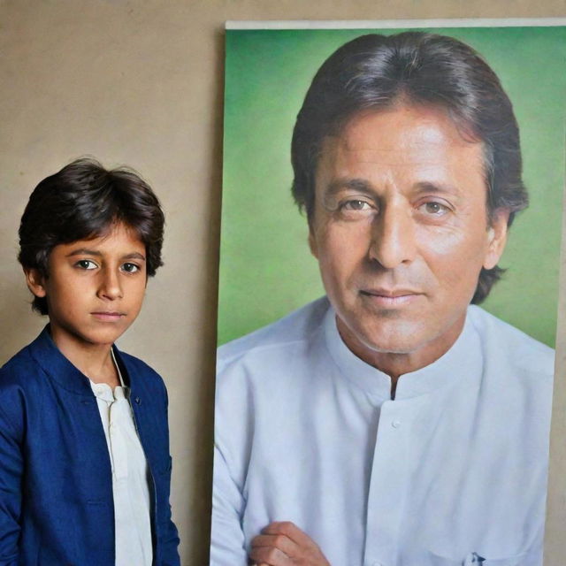 A boy named Asim standing next to a life-size poster of Imran Khan.