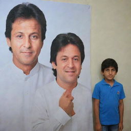 A boy named Asim standing next to a life-size poster of Imran Khan.