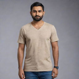 Generate an 8K, hyper-realistic full body image of a 28-year-old Indian man with a round face, wheatish skin tone, standing 5 feet tall, with a waist of 36 inches, without beard, weighing 68 kg, and has black, side-parted hair.