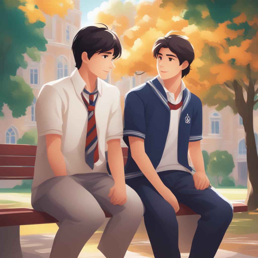 This high-quality illustration vividly portrays two white young men with dark hair, namely the protagonist and 'A,' seated closely on a bench within a vibrant campus setting
