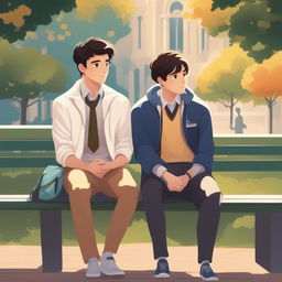 This high-quality illustration vividly portrays two white young men with dark hair, namely the protagonist and 'A,' seated closely on a bench within a vibrant campus setting