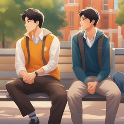 This high-quality illustration vividly portrays two white young men with dark hair, namely the protagonist and 'A,' seated closely on a bench within a vibrant campus setting