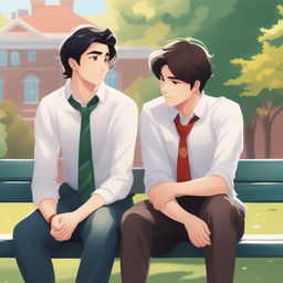 This high-quality illustration vividly portrays two white young men with dark hair, namely the protagonist and 'A,' seated closely on a bench within a vibrant campus setting