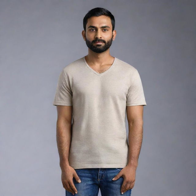 Generate an 8K, hyper-realistic full body image of a 28-year-old Indian man with a round face, wheatish skin tone, standing 5 feet tall, with a waist of 36 inches, without beard, weighing 68 kg, and has black, side-parted hair.