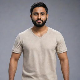 Generate an 8K, hyper-realistic full body image of a 28-year-old Indian man with a round face, wheatish skin tone, standing 5 feet tall, with a waist of 36 inches, without beard, weighing 68 kg, and has black, side-parted hair.