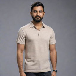 Generate an 8K, hyper-realistic full body image of a 28-year-old Indian man with a round face, wheatish skin tone, standing 5 feet tall, with a waist of 36 inches, without beard, weighing 68 kg, and has black, side-parted hair.