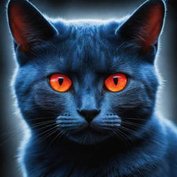 A mystical blue cat with piercing red eyes, emanating an aura of mystery and intrigue. The cat's fur is a vibrant azure, contrasted by glowing ruby-red eyes.