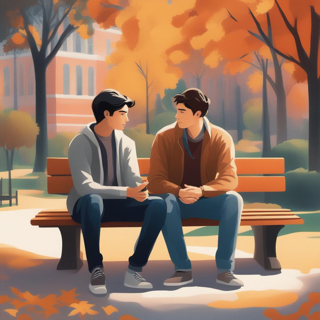 This illustration vividly portrays two young white men with dark hair, the protagonist and 'A', seated closely on a bench within a vibrant college campus