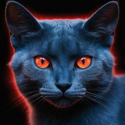 A mystical blue cat with piercing red eyes, emanating an aura of mystery and intrigue. The cat's fur is a vibrant azure, contrasted by glowing ruby-red eyes.