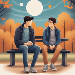 This illustration vividly portrays two young white men with dark hair, the protagonist and 'A', seated closely on a bench within a vibrant college campus