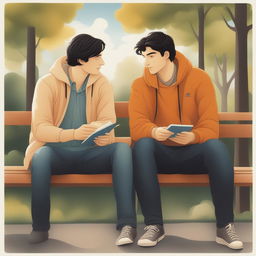 This illustration vividly portrays two young white men with dark hair, the protagonist and 'A', seated closely on a bench within a vibrant college campus