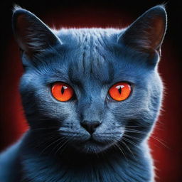 A mystical blue cat with piercing red eyes, emanating an aura of mystery and intrigue. The cat's fur is a vibrant azure, contrasted by glowing ruby-red eyes.