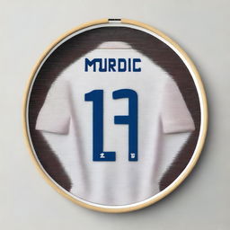 A high-quality, detailed digital art image displaying intricate stitching of Luka Modrić's soccer jersey, mounted in a hoop display