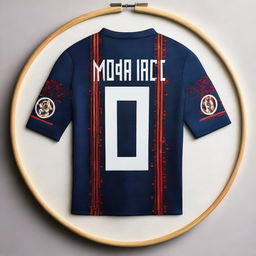 A high-quality, detailed digital art image displaying intricate stitching of Luka Modrić's soccer jersey, mounted in a hoop display