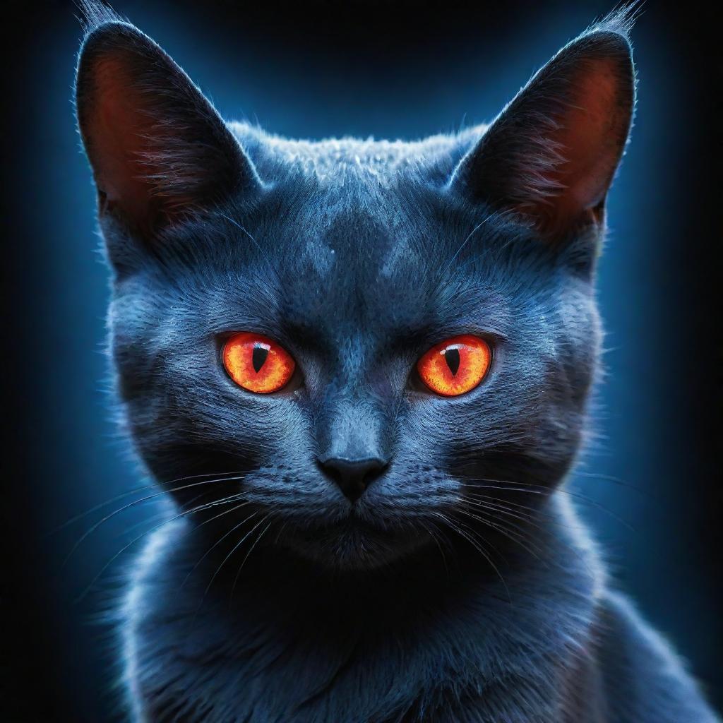 A mystical blue cat with piercing red eyes, emanating an aura of mystery and intrigue. The cat's fur is a vibrant azure, contrasted by glowing ruby-red eyes.