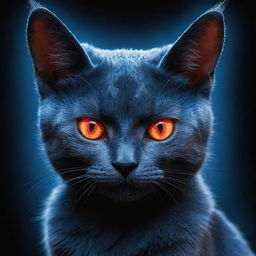 A mystical blue cat with piercing red eyes, emanating an aura of mystery and intrigue. The cat's fur is a vibrant azure, contrasted by glowing ruby-red eyes.